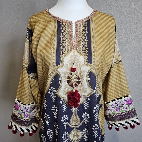 Printed Lawn Shirt with Silk Dupatta Set Beaded Bordered - Picture 3 of 13